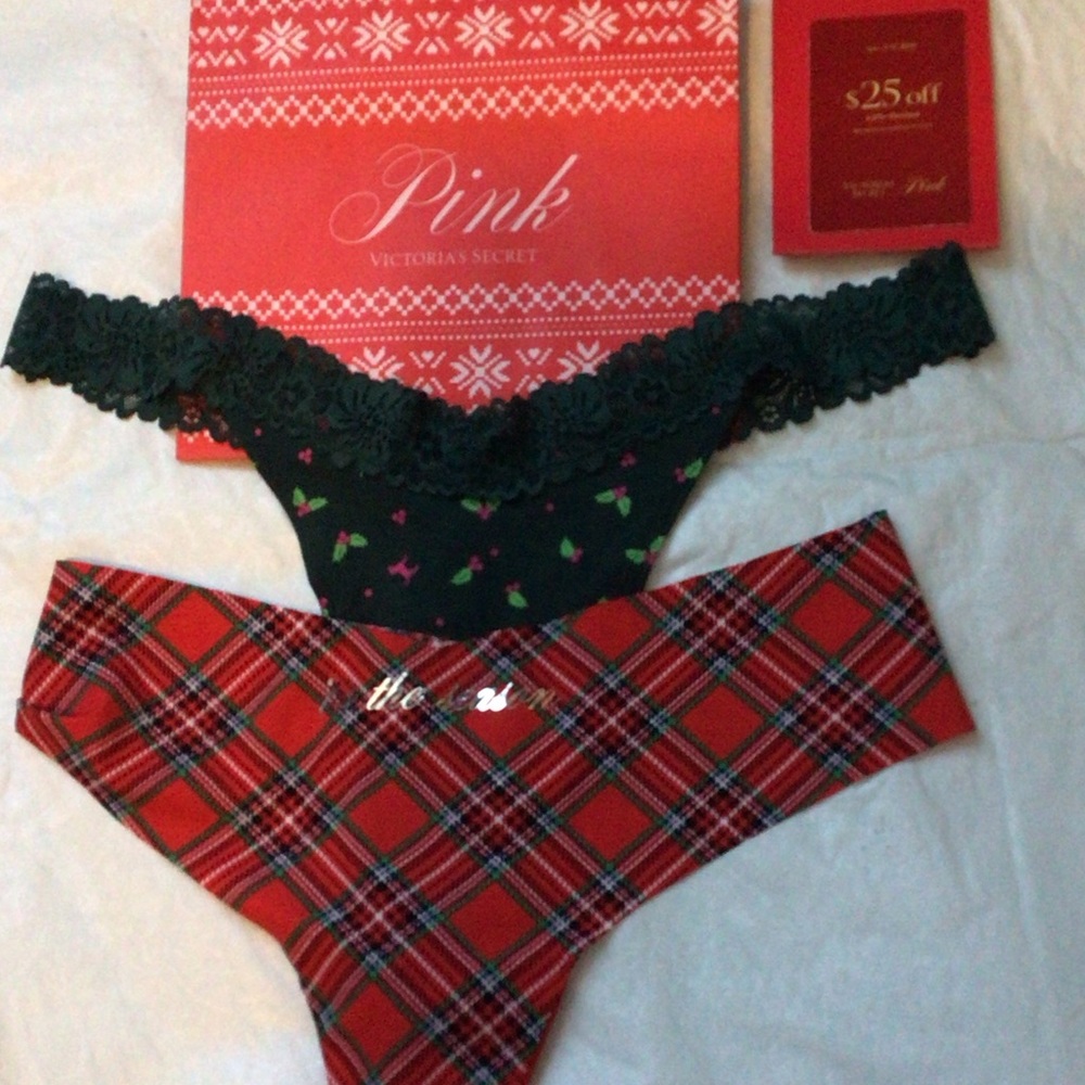 Victoria's Secret Festive Plaid and Lace Thong Set